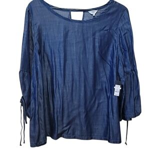 NWT Crown & Ivy Curvy Women's Blue Denim Chambray Bell Slv Tie Detail Tunic 3X